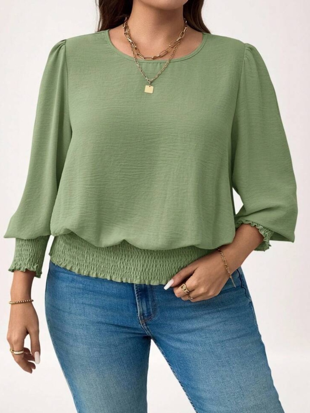 Women’s Mint Green Smocked-Hem Blouse - Stylish Everyday Top